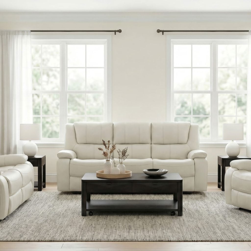 Camila White Motion Reclining Leather Sofa Set