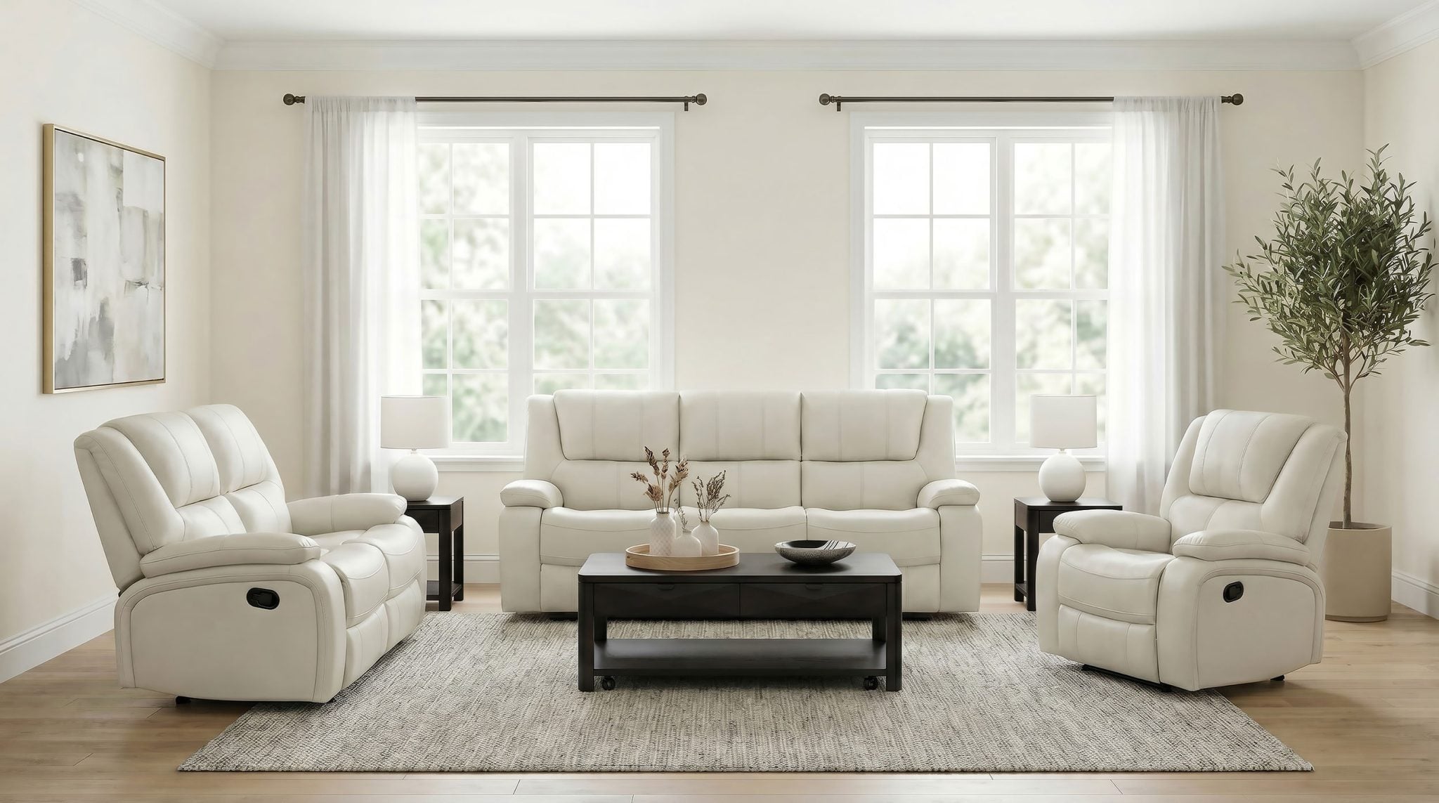 Camila White Motion Reclining Leather Sofa Set