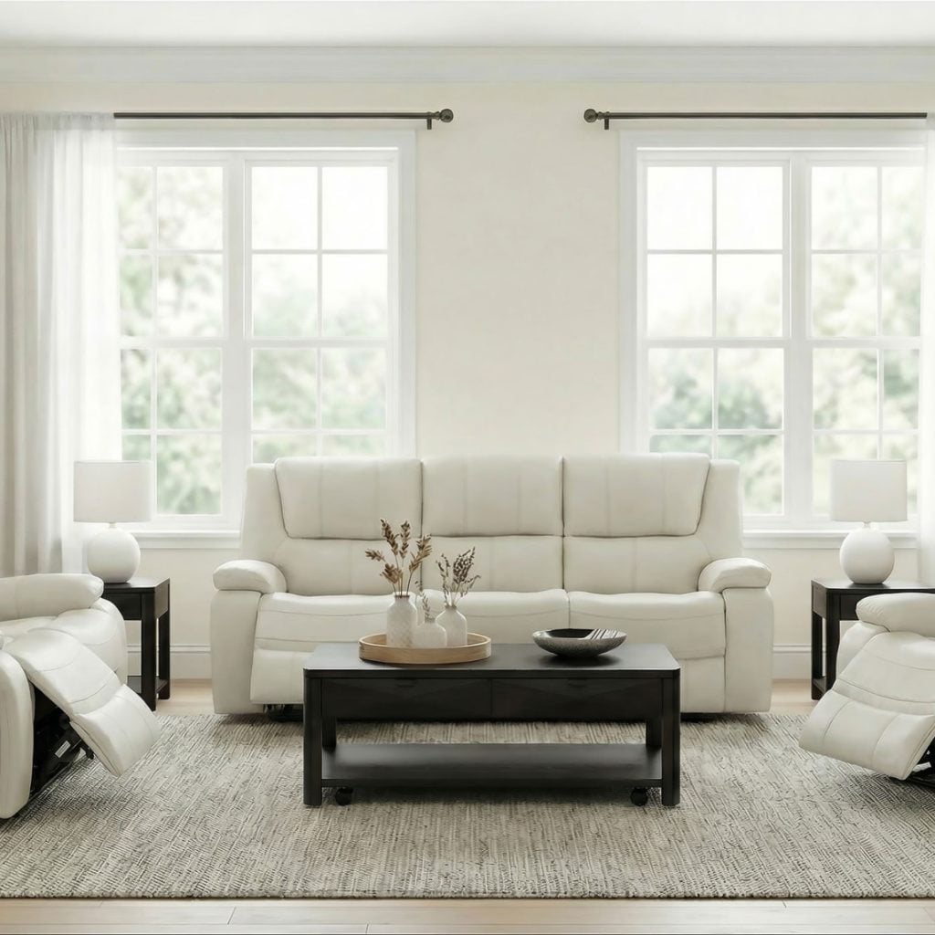 Camila White Motion Reclining Leather Sofa Set