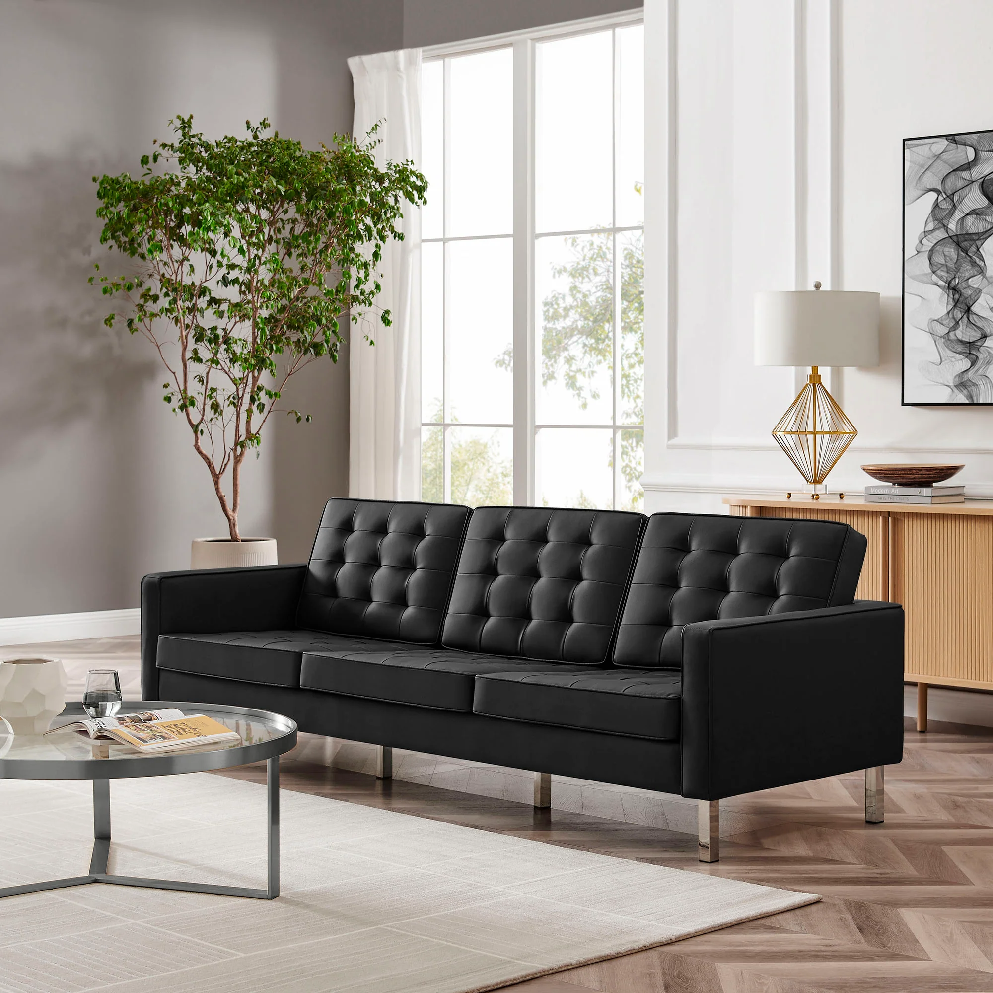 Loft Modern Black Leather Tufted Sofa With Chrome Legs