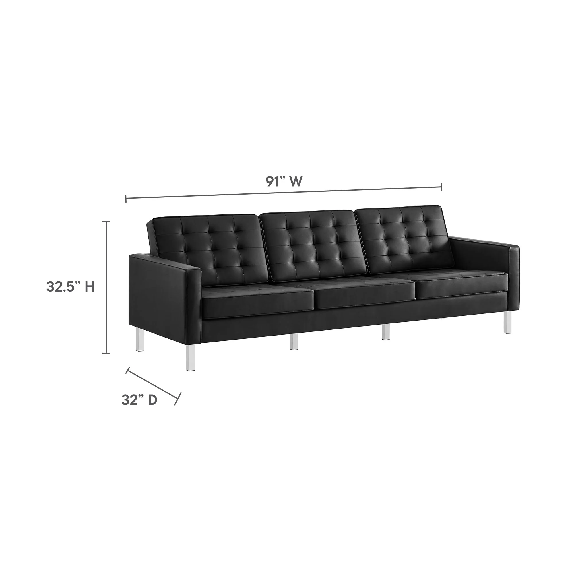Loft Modern Black Leather Tufted Sofa With Chrome Legs - Image 8