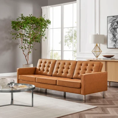 Loft Modern Cognac Leather Tufted Sofa With Chrome Legs