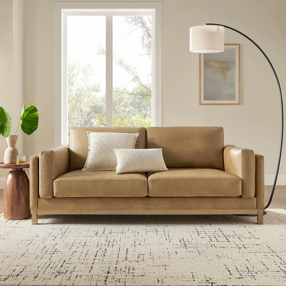 Roscoe Light Brown Vegan Leather & Solid Wood Sofa
