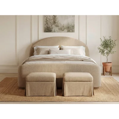 tan upholstered bed frame