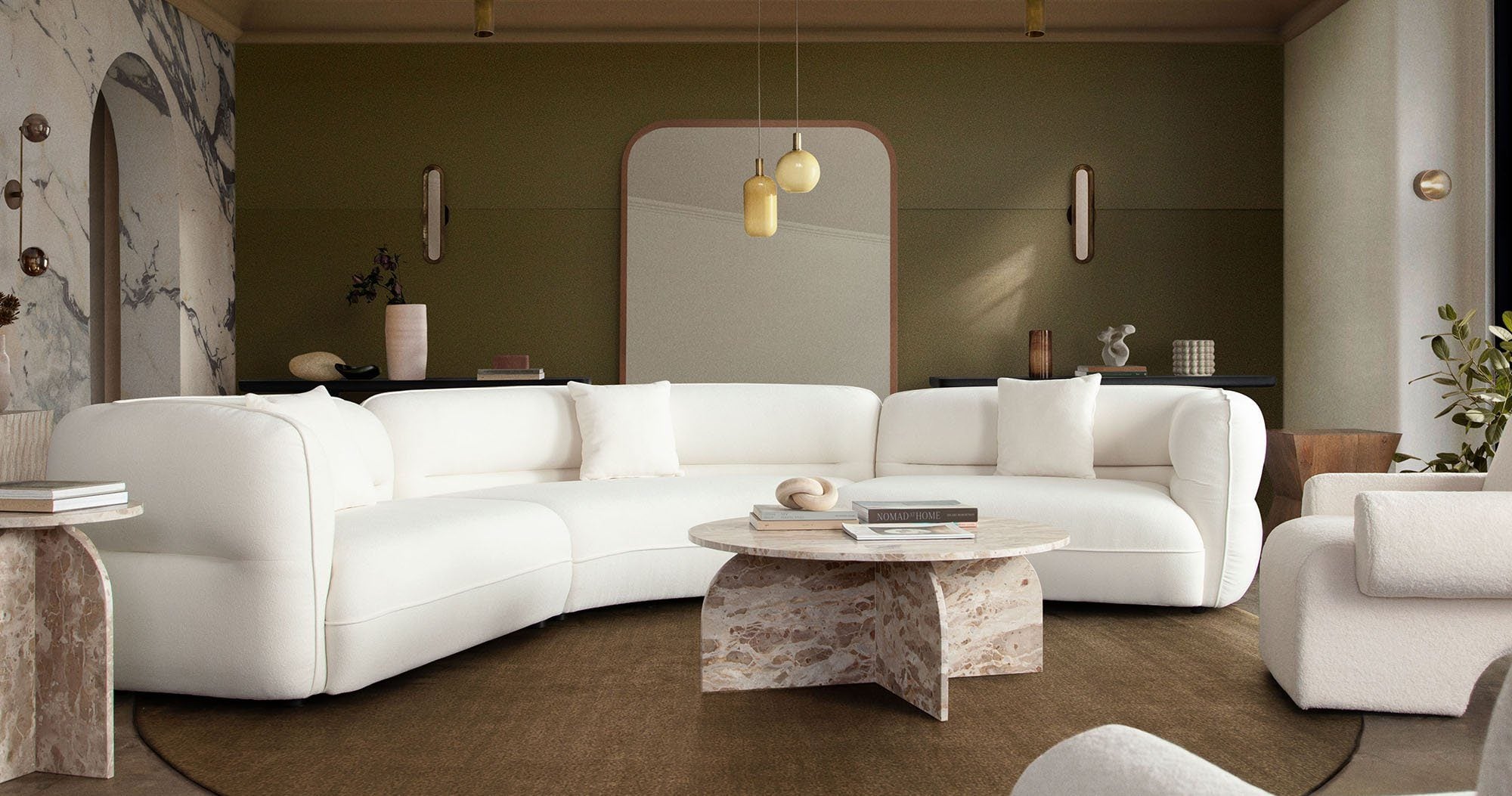 Micah Ivory White Fabric Modern Curved Sofa