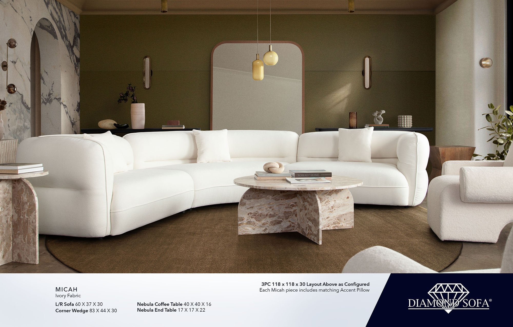 Micah Ivory White Fabric Modern Curved Sofa