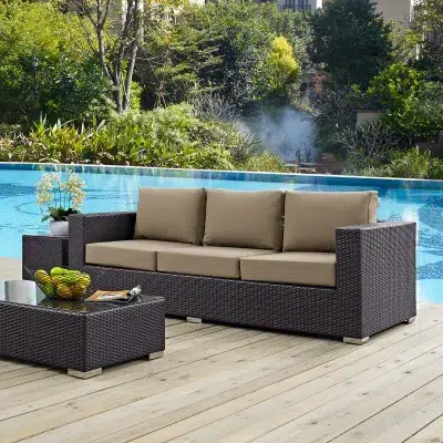 Convene Rattan All Weather Mocha Brown Fabric Outdoor Patio Sofa