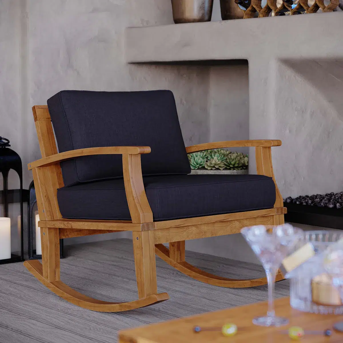 Marina Teak Wood Navy Blue Outdoor Patio Rocking Chair