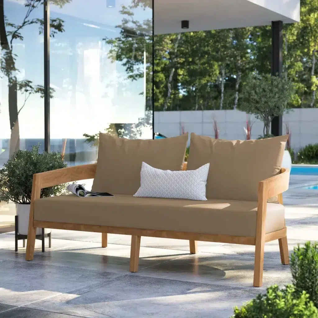 Brisbane Teak Wood Light Brown Curved Frame Outdoor Patio Sofa