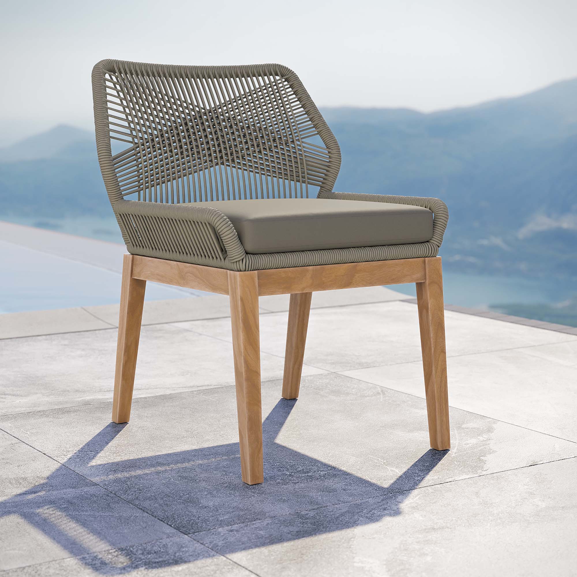 Wellspring Teak Wood Light Grey Woven Rope Outdoor Dining Chairs