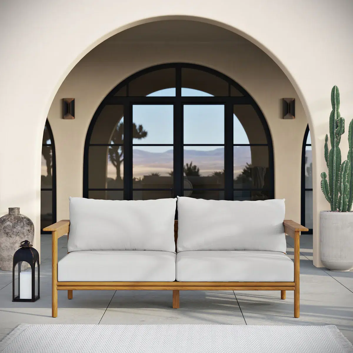 Wren Teak Wood Off White Outdoor Patio Sofa