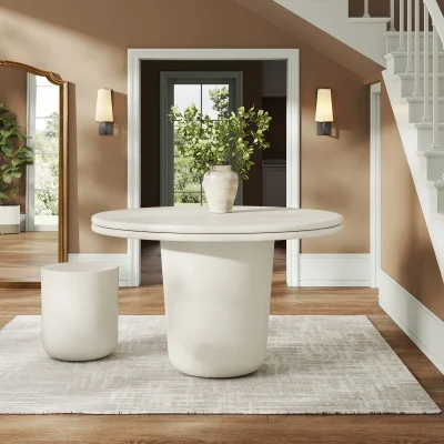Brion Round White Concrete Outdoor Patio Dining Table