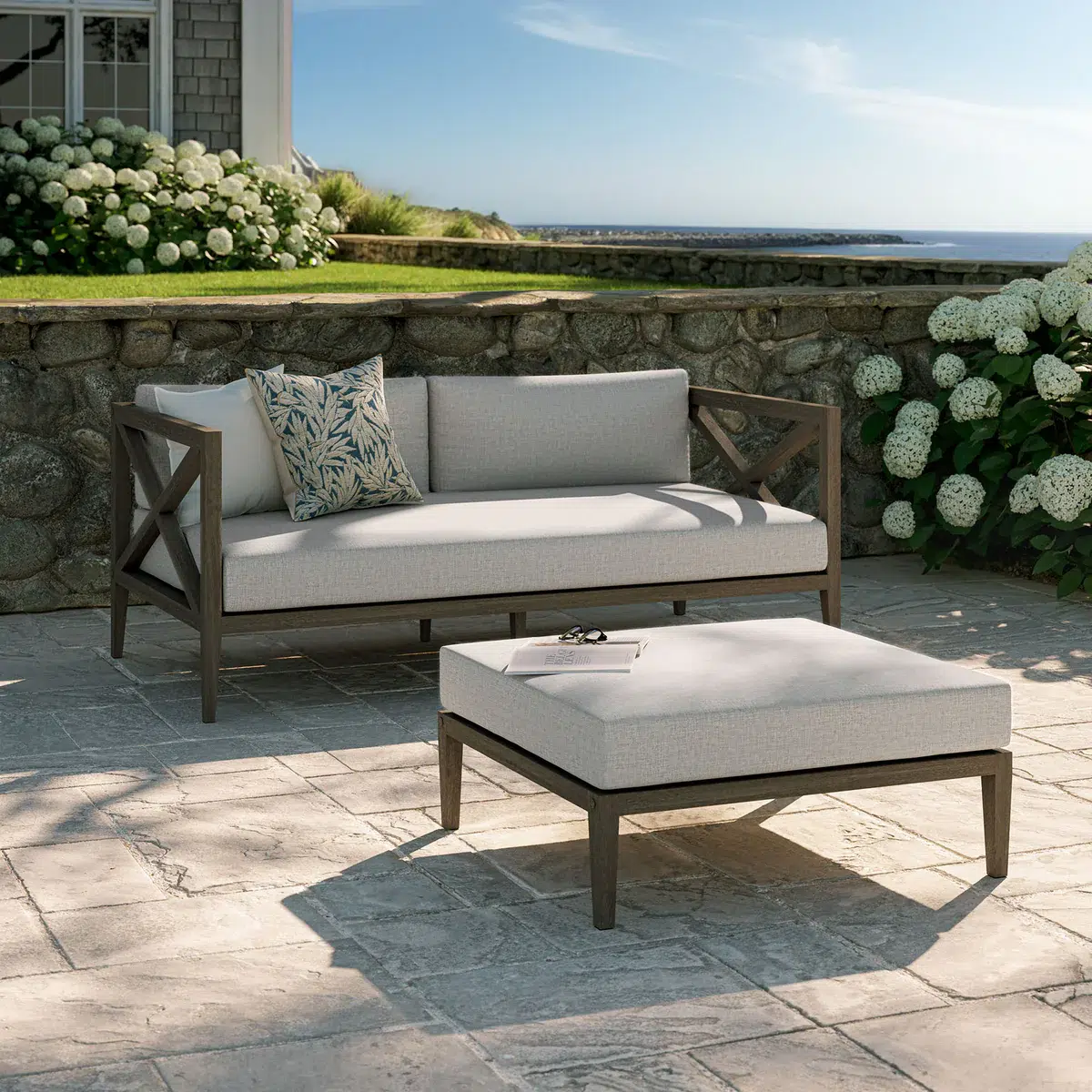 Northlake 2 Pc Teak Wood, Gray Loveseat & Ottoman