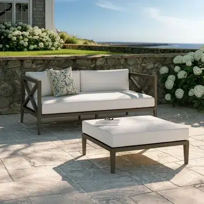 Northlake 2 Pc Teak Wood, White Loveseat & Ottoman