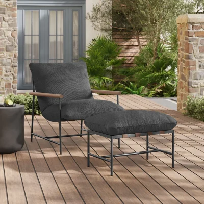 Raya 2 Pc Waterproof Gray Boucle Outdoor Patio Chair & Ottoman