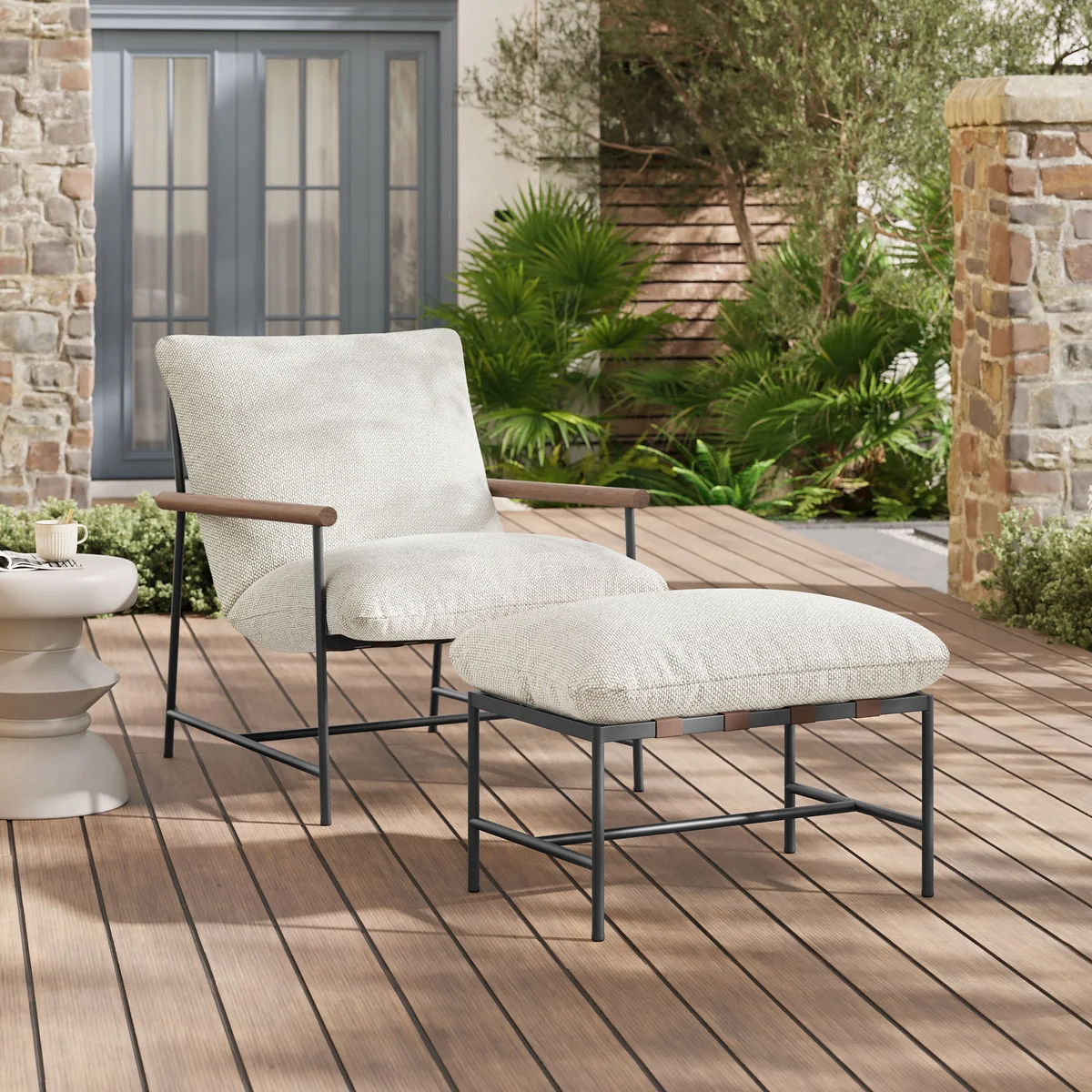 Raya 2 Pc Waterproof Ivory White Boucle Outdoor Patio Chair & Ottoman