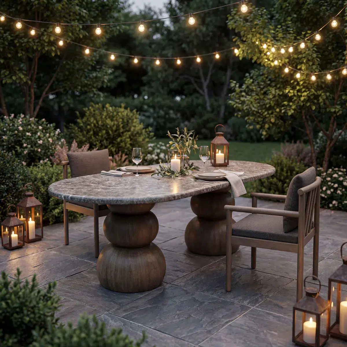 Pietra Dark Marble & Wood Pedestal Base Outdoor Patio Dining Table