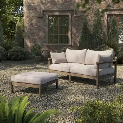 Eleni 2 Pc Teak Wood Weathered Gray Loveseat & Ottoman