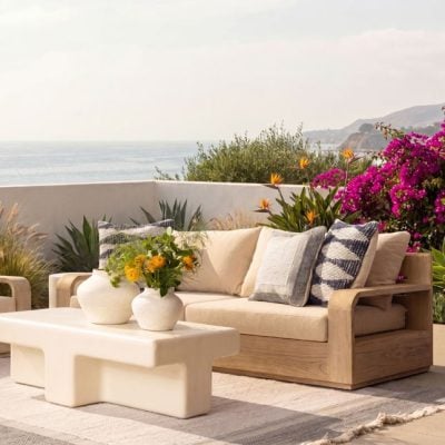 Lucrecia Natural Wood & Fabric Outdoor Sofa Set