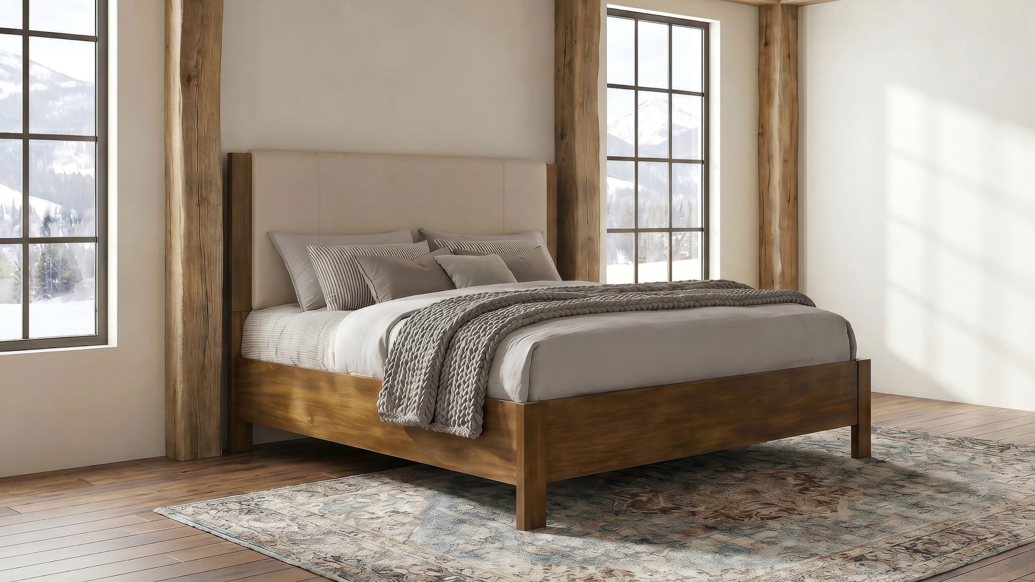 Adderley eastern king wood panel bed with cream fabric headboard, straight front view