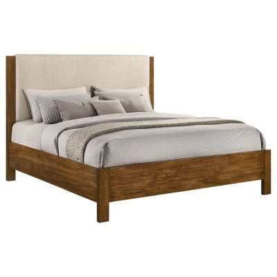 Adderley eastern king wood panel bed with cream fabric headboard, cream fabric headboard insert close-up