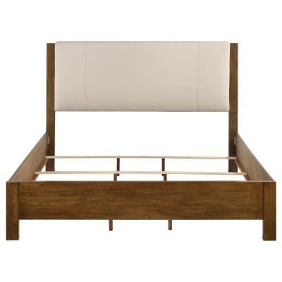 Adderley eastern king wood panel bed with cream fabric headboard, warm brown wood frame texture detail