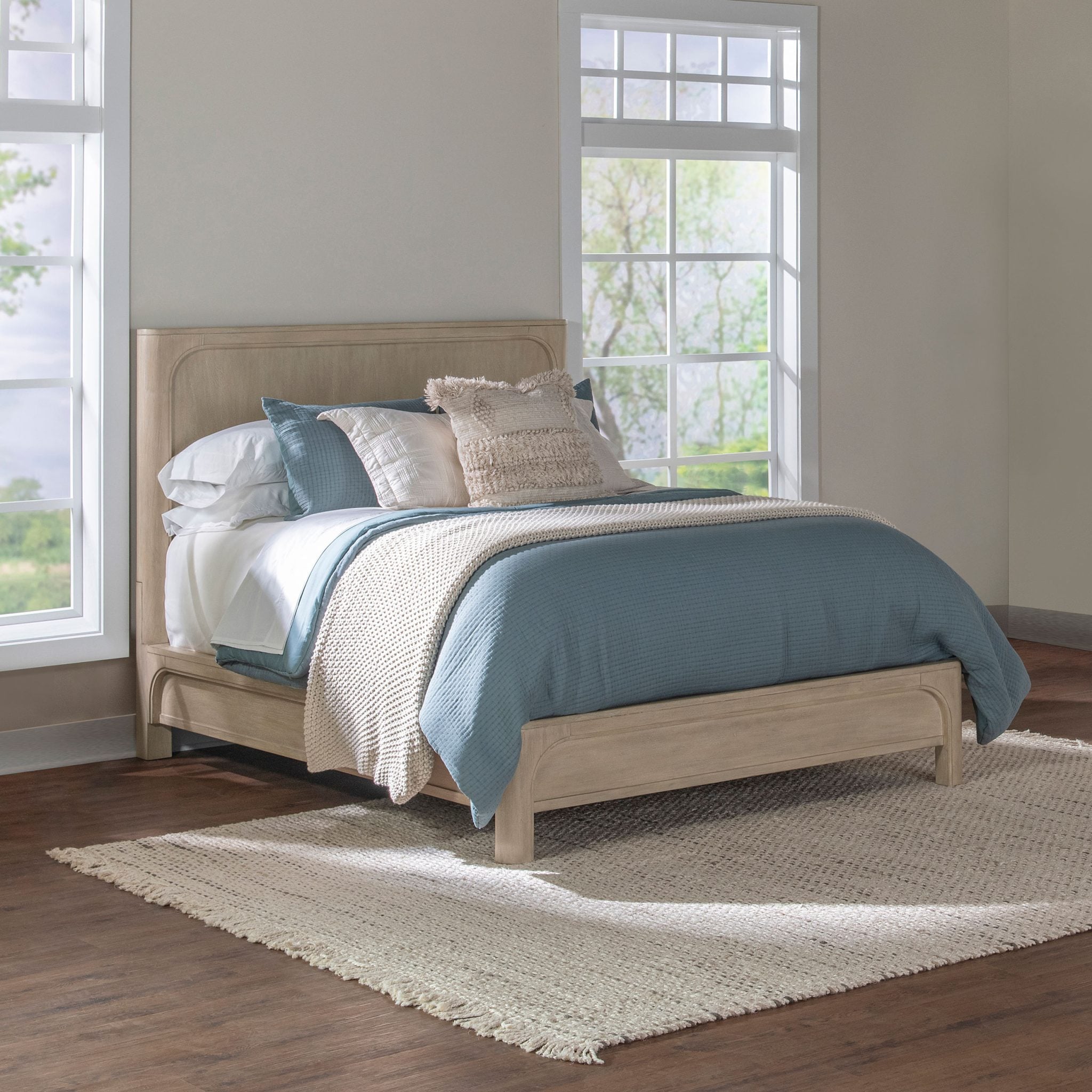 Solano queen panel bed in weathered mango wood, direct front view