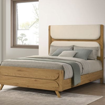 Bennett mid-century queen panel bed in cream fabric, straight front view