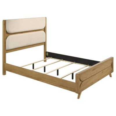 Bennett mid-century queen panel bed in cream fabric, three-quarter angle view