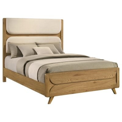 Bennett mid-century queen panel bed in cream fabric, upholstered headboard close-up