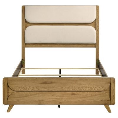 Bennett mid-century queen panel bed in cream fabric, cream polyester fabric texture detail