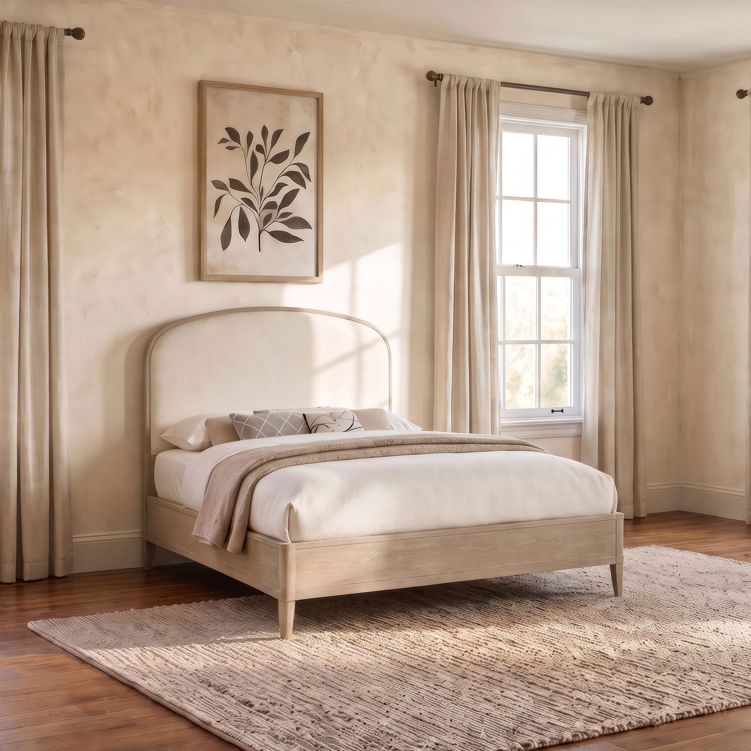 Lucaire queen upholstered panel bed in sandstone chenille fabric, direct front view