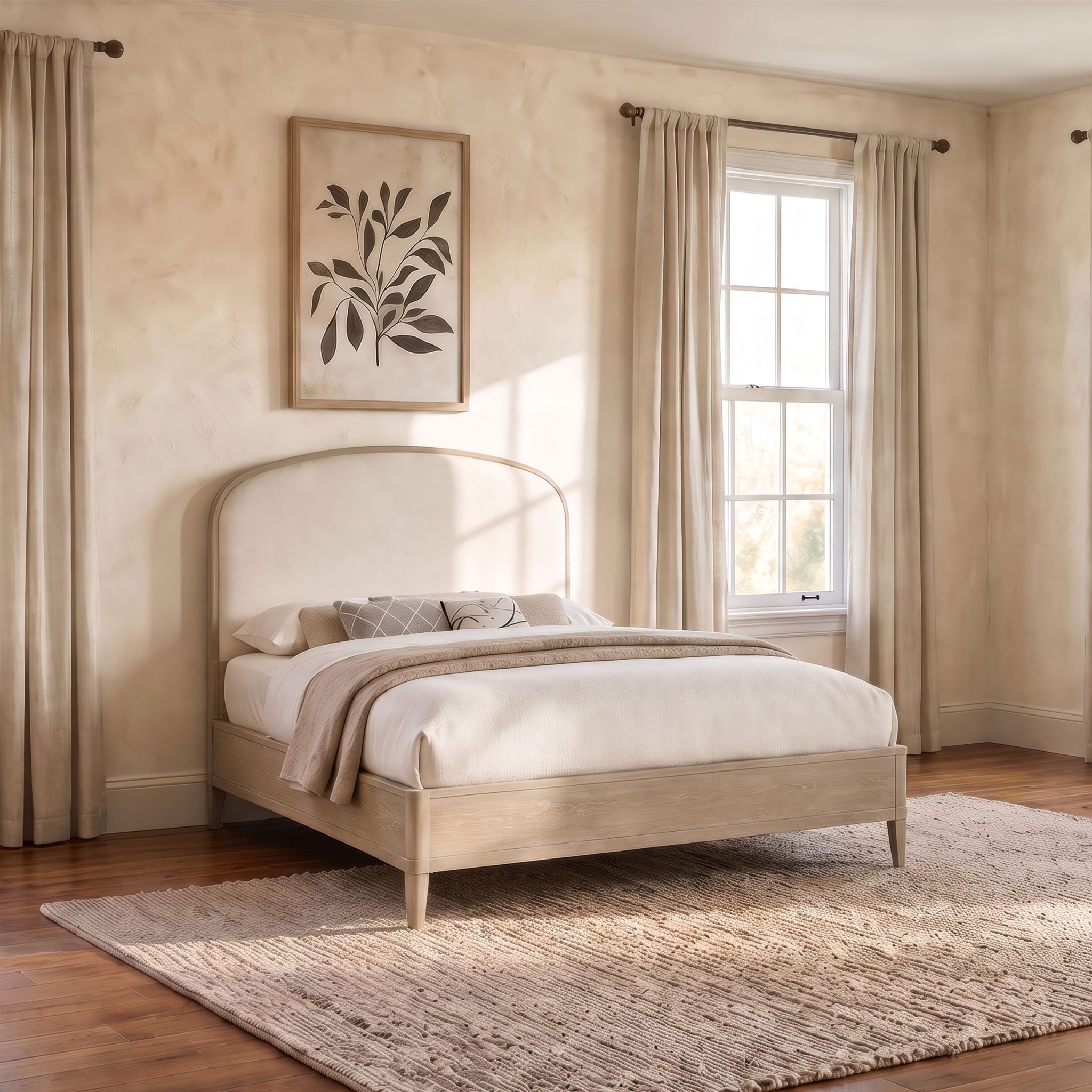 Lucaire queen upholstered panel bed in sandstone chenille fabric, direct front view
