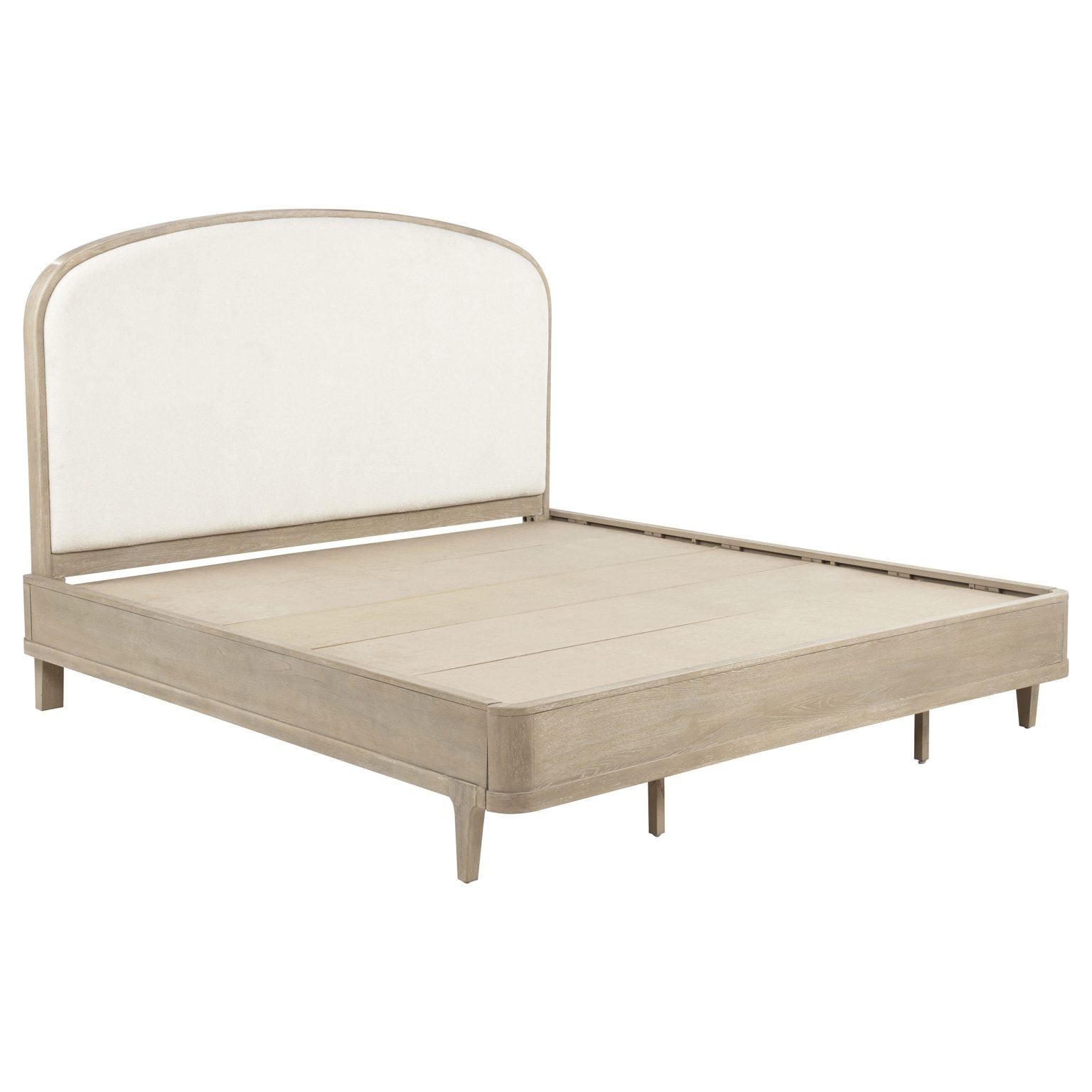 Lucaire queen upholstered panel bed in sandstone chenille fabric, angled three-quarter view