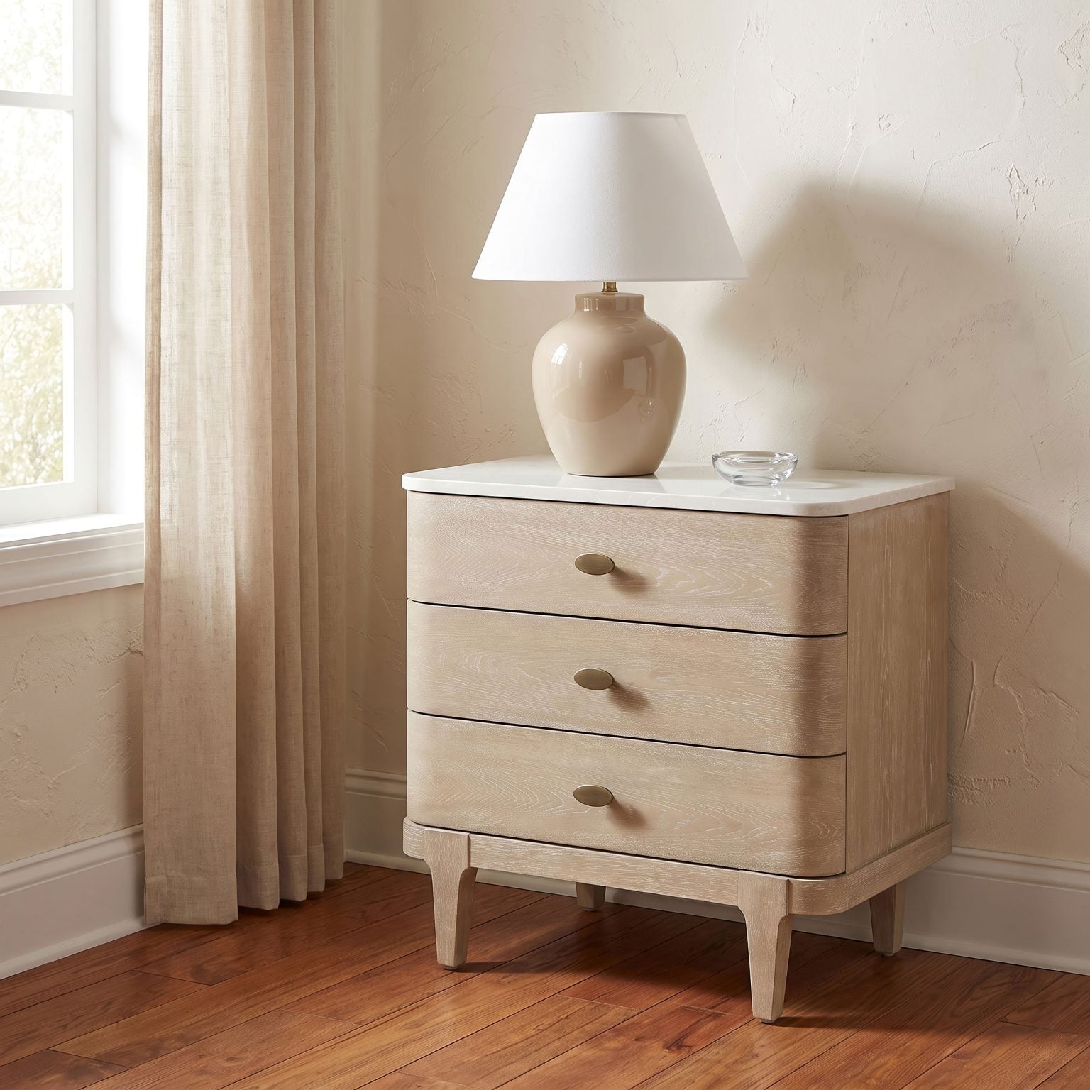 Lucaire 3-drawer nightstand in sandstone wood, straight front view