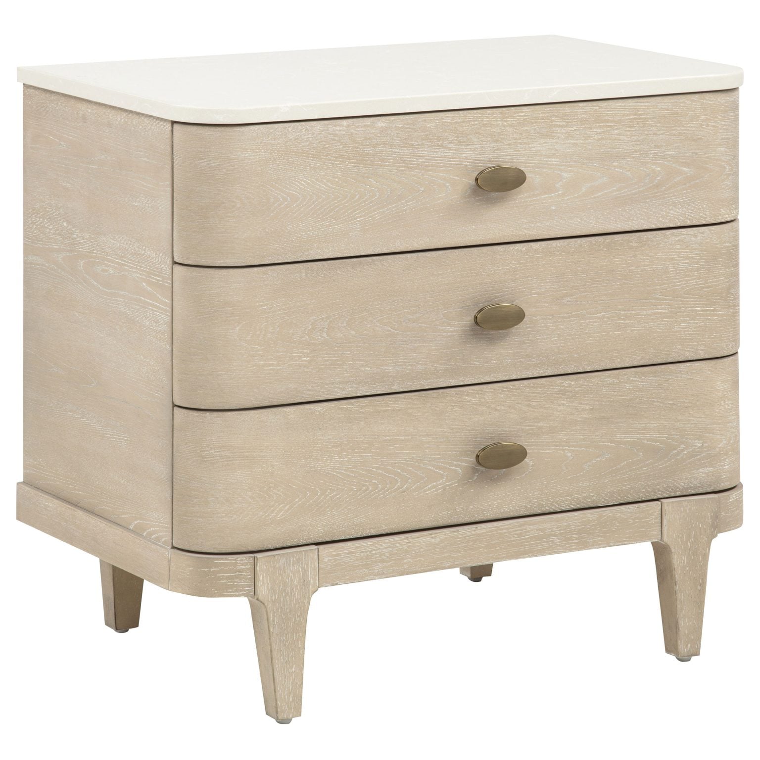 Lucaire 3-drawer nightstand in sandstone wood, three-quarter angle view