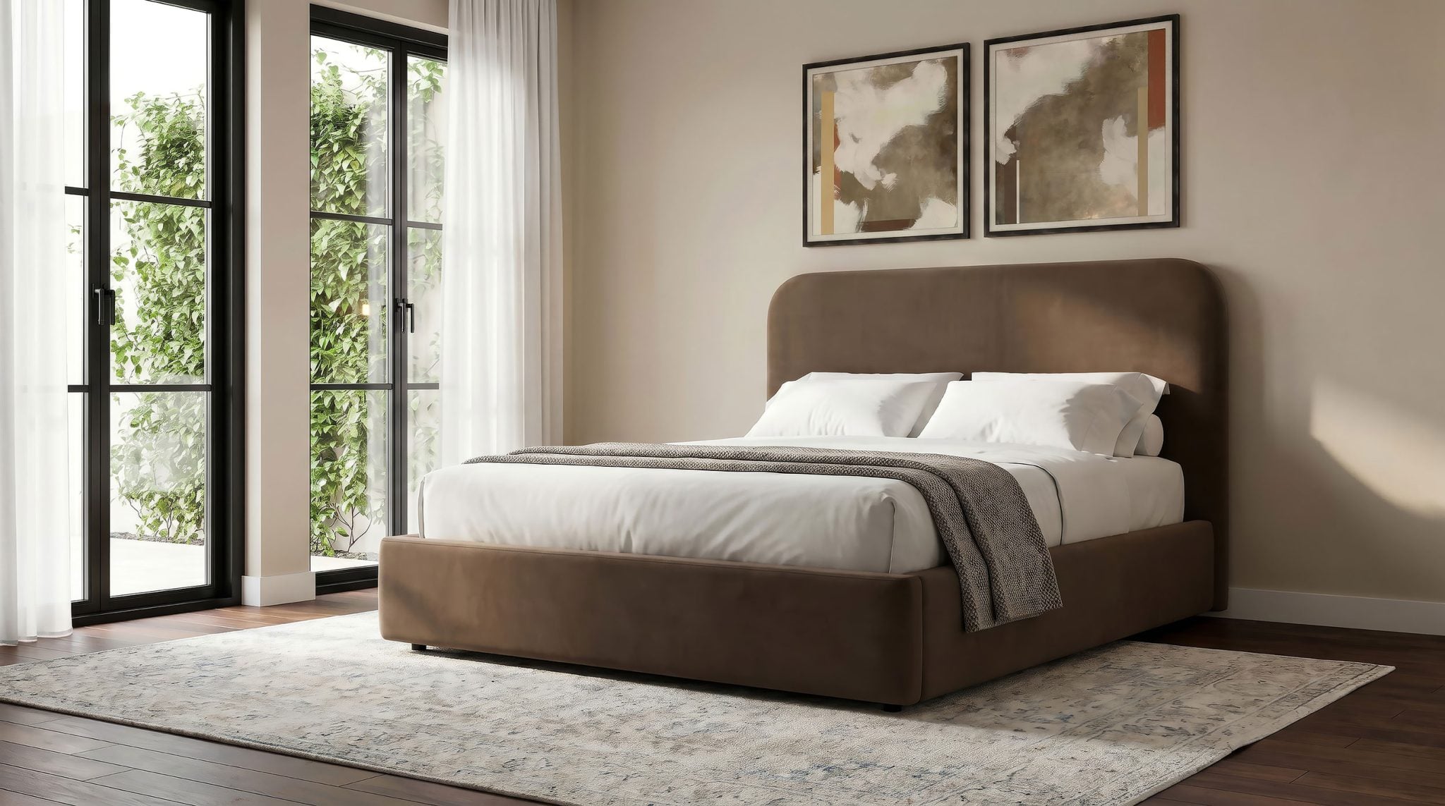 Anders Queen storage lift platform bed in chocolate fabric, straight front view