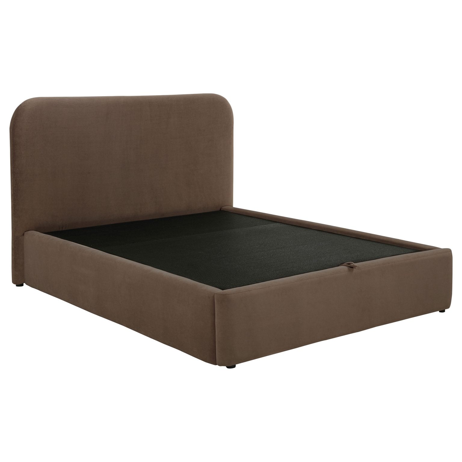 Anders Queen storage lift platform bed in chocolate fabric, angled three-quarter view