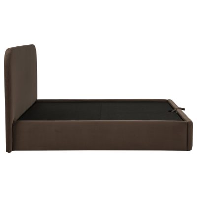 Anders Queen storage lift platform bed in chocolate fabric, upholstered rail close-up