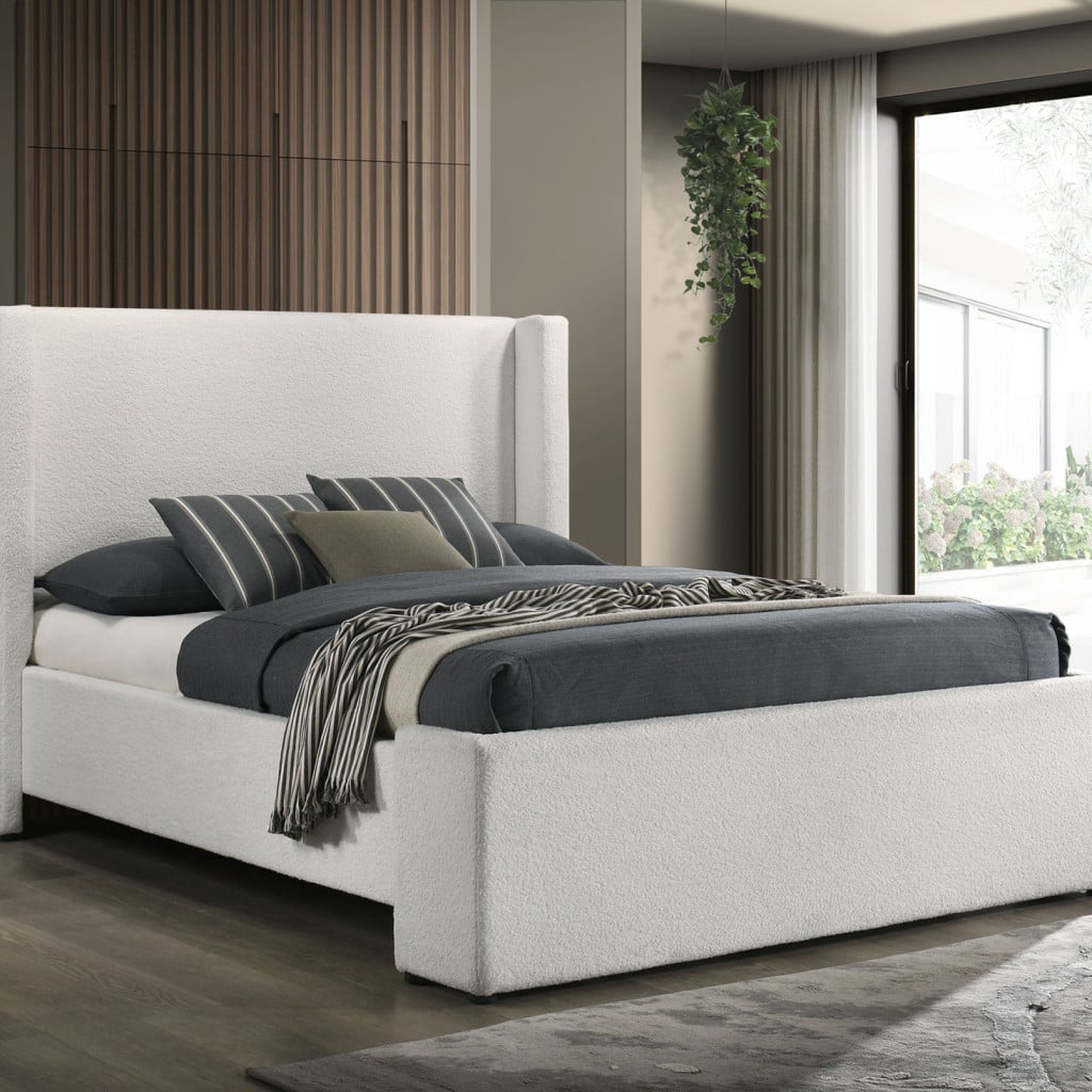 Alamosa Queen boucle wingback bed in white, straight front view