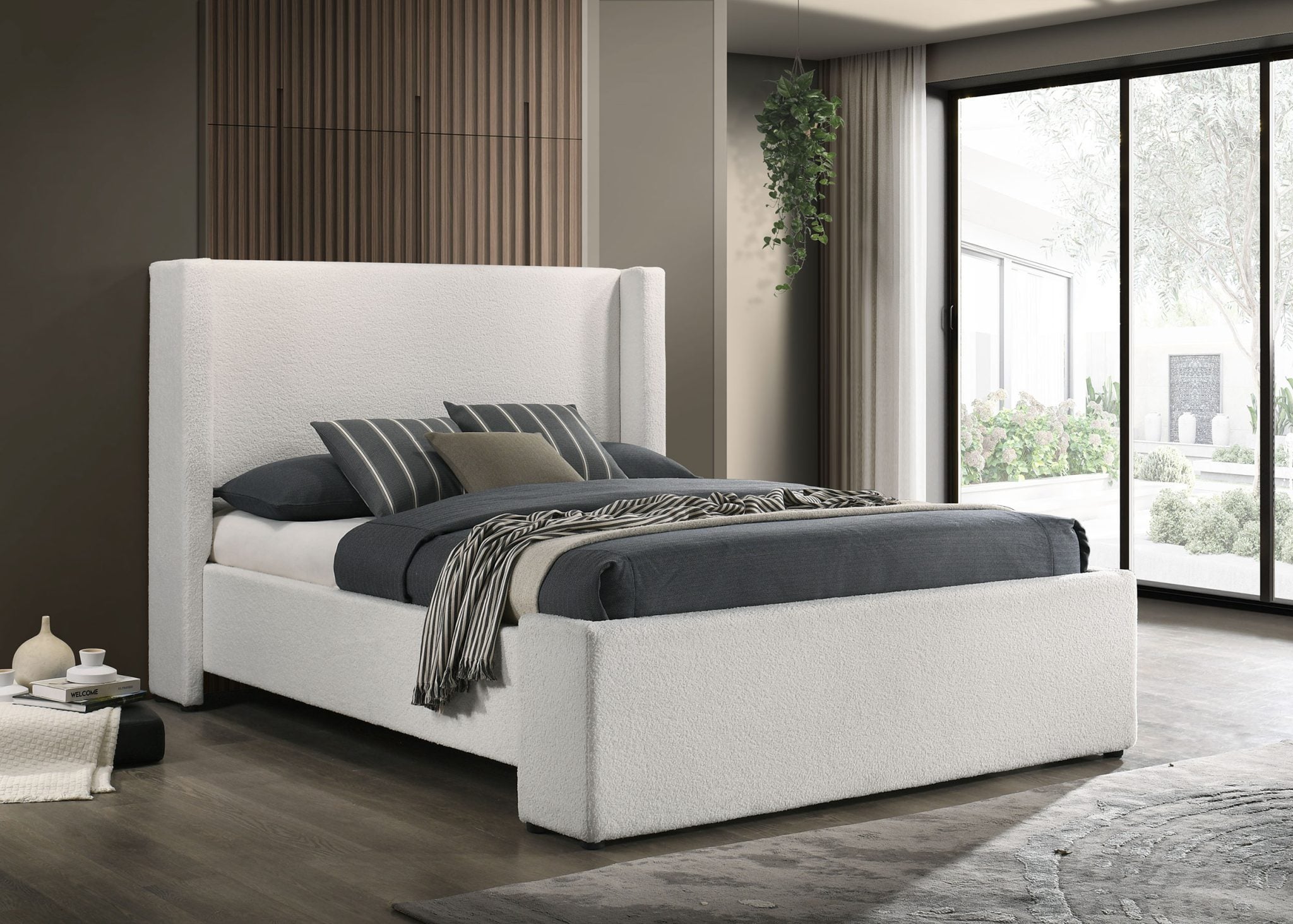 Alamosa Queen boucle wingback bed in white, straight front view