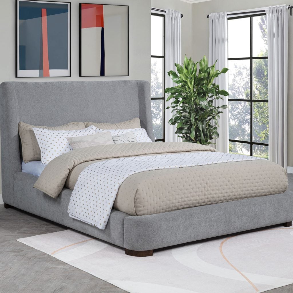 Rennes Queen wingback platform bed in grey fabric, straight front view