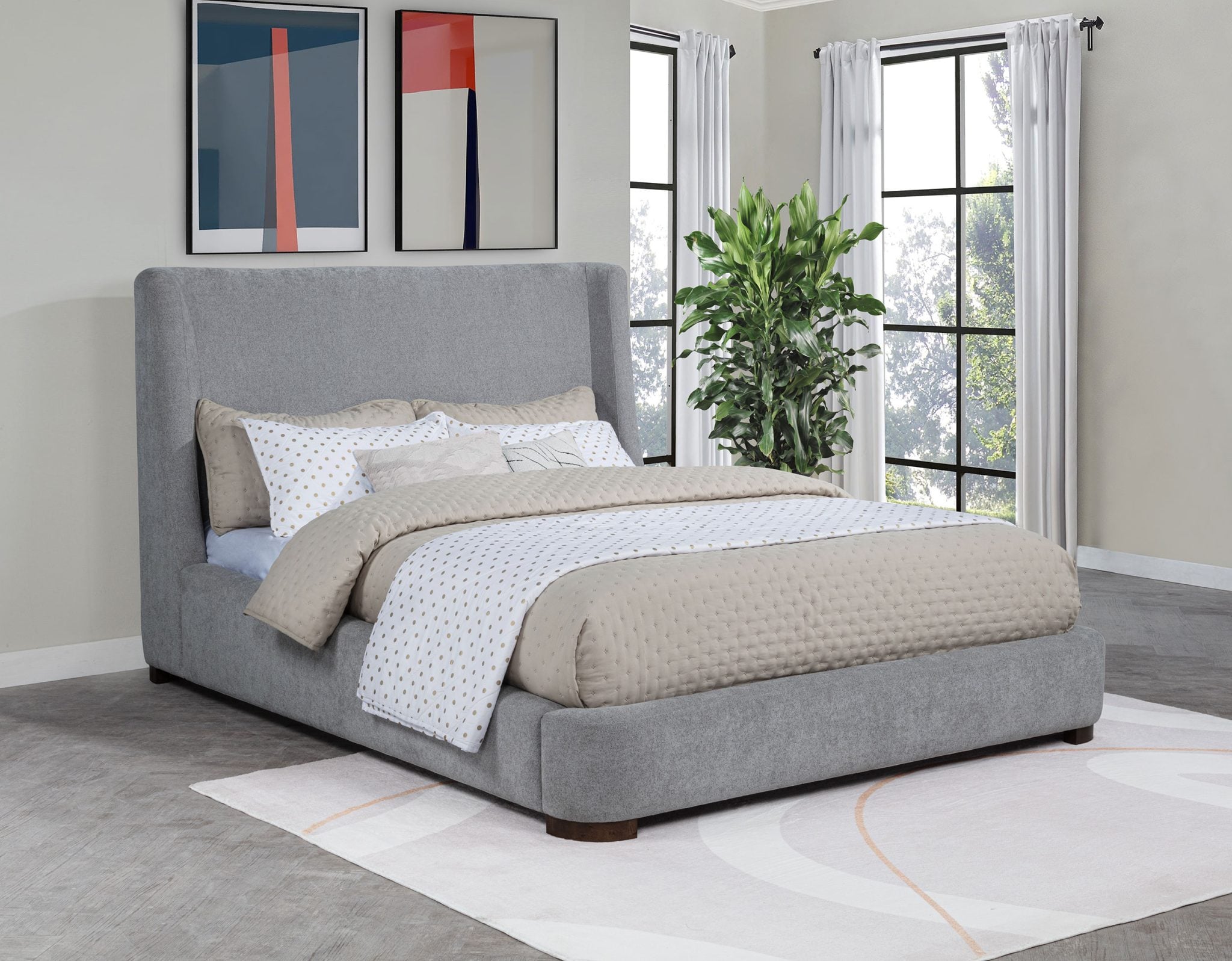 Rennes Queen wingback platform bed in grey fabric, straight front view