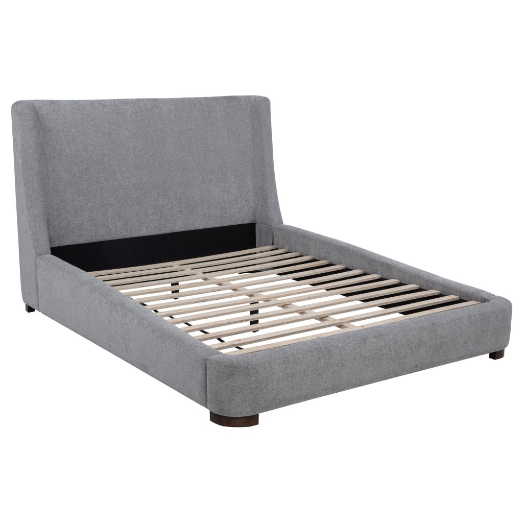 Rennes Queen wingback platform bed in grey fabric, angled three-quarter view