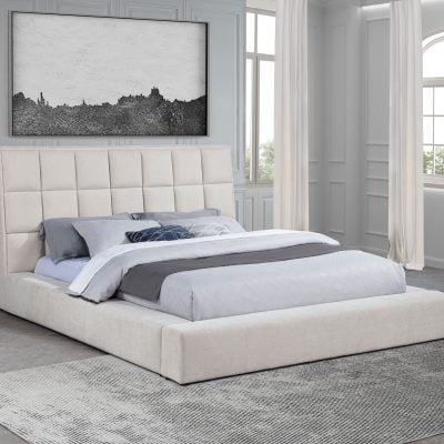 Dreux cream eastern king upholstered platform panel bed, straight front view