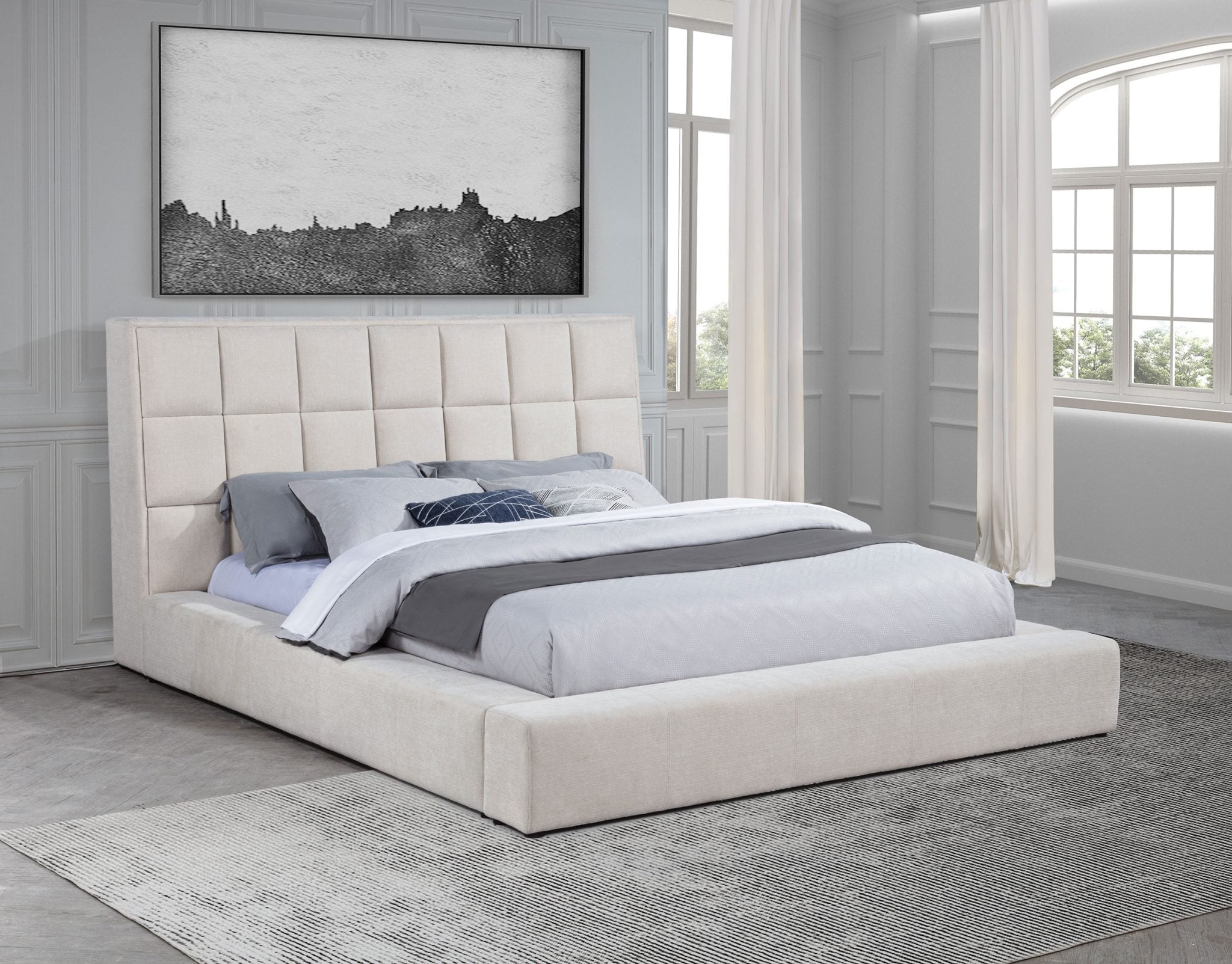Dreux cream eastern king upholstered platform panel bed, straight front view