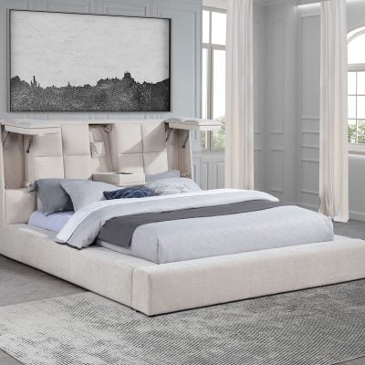 Dreux cream eastern king upholstered platform panel bed, three-quarter angle view