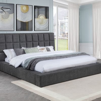 Dreux grey queen upholstered platform panel bed, straight front view
