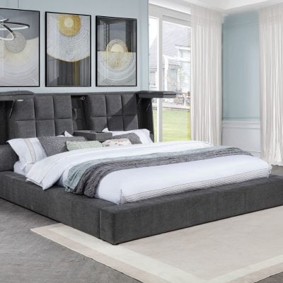 Dreux grey queen upholstered platform panel bed, three-quarter angle view