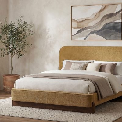 Baldacci queen upholstered platform bed in curry fabric, straight front view
